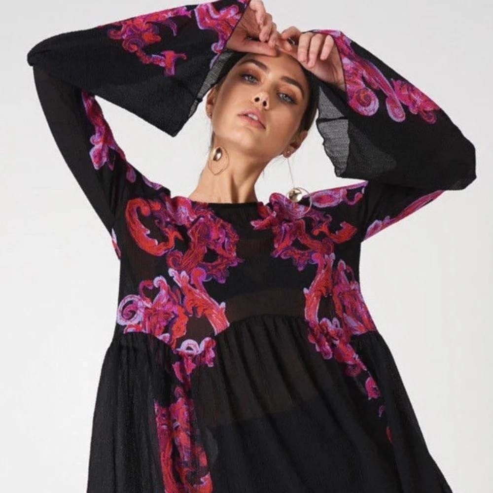 NWT‎ Intimately Free People Symphony Black Floral Top Mini Dress Semi Sheer Sz M